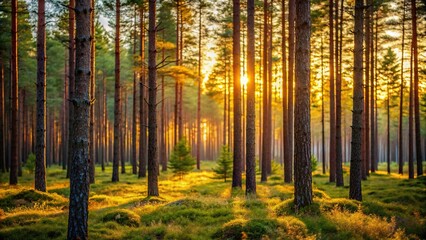 Asymmetrical nordic pine forest in the evening light with short depth of field