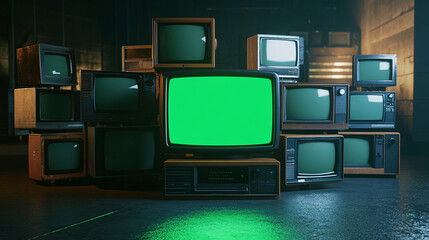one artistic 3d render green screen old television with stacks of old classic turned off tvs stack televisions monitors random in empty room dynamic composition cinematic lighting chroma key