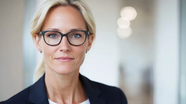 Confident businesswoman with glasses, wearing a suit, looking directly at the camera in a modern office. A professional and focused expression highlights leadership and competence.