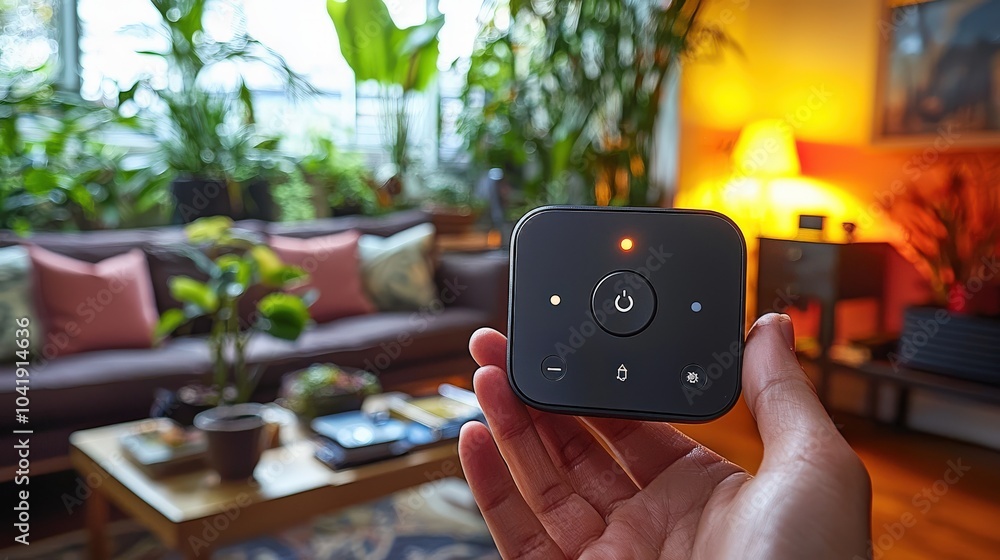 Poster a close-up of a smart motion sensor, emphasizing its sleek design and functionality in enhancing hom
