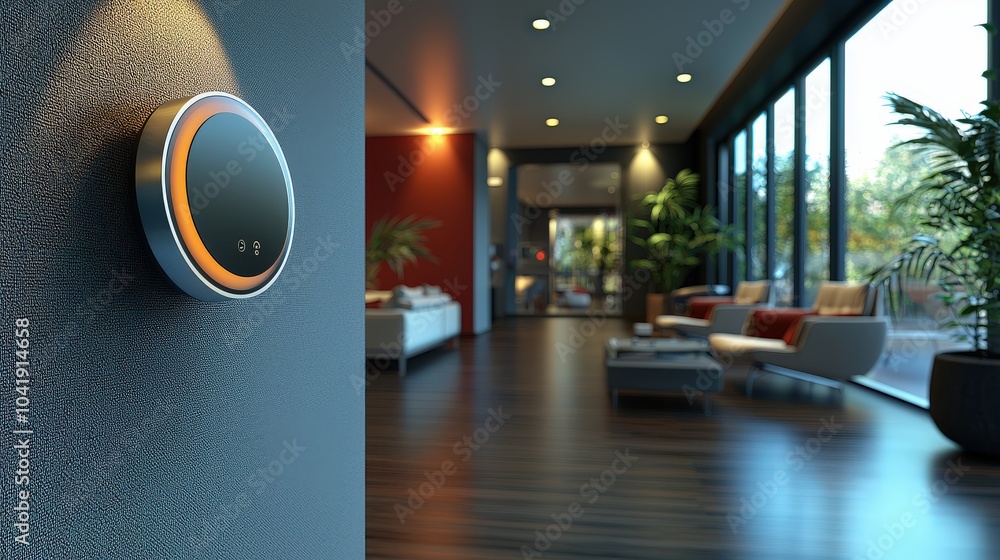 Poster a close-up of a smart sensor installed on a wall, showcasing its sleek design and functionality in a