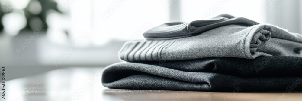 Poster A stack of neatly folded minimalist sportswear in neutral colors rests on a smooth table, surrounded by soft natural light. Generative AI
