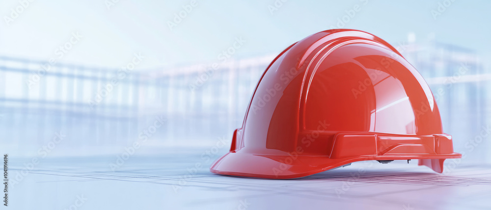 Poster hard hat blueprint concept, 3d model showcasing a hard hat against an architectural backdrop, emphas