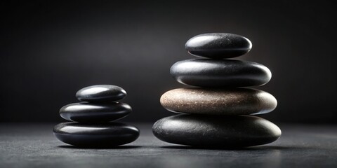 Zen concept with stack of black stones on black background, promoting relaxation and tranquility