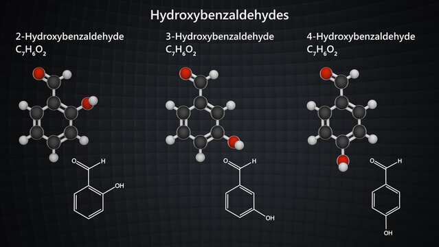 Set of Hydroxybenzaldehydes, refers to a group of organic compounds with the formula C7H6O2, featuring a hydroxyl (-OH) group and an aldehyde (-CHO) group on a benzene ring. 3d illustration. Dark back