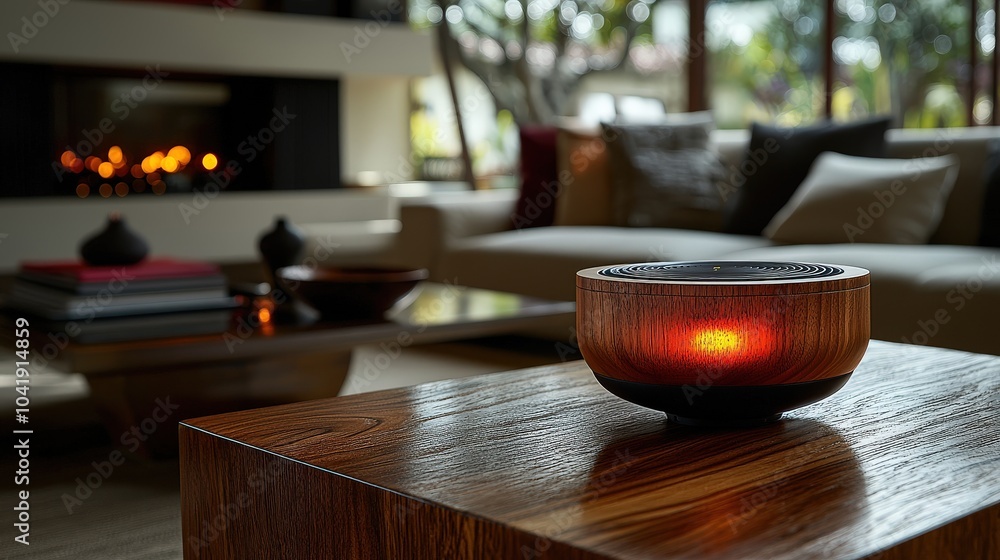 Poster a close-up of a stylish smart speaker, emphasizing its sleek design and advanced technology features