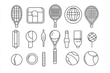 tennis moon items, Outline drawing, black lines, white background, clean and simple design, coloring page style