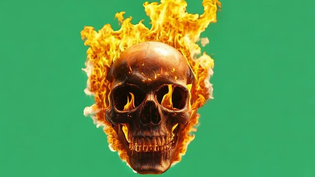 Burning skull on green background, human skull with fire burning effect, generative ai