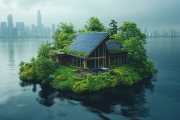 Obraz premium Sustainable house on a small island surrounded by water and city skyline during overcast weather