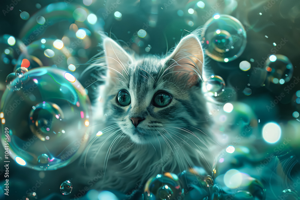 Poster cat is laying on a bed with bubbles surrounding it. the bubbles are in various sizes and colors, cre