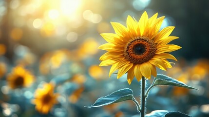 Fototapeta premium Bright and Vibrant Sunflower Blooming in a Field Under Clear Blue Skies: Perfect for Nature and Floral Designs