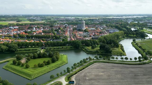 brielle fortified town netherlands 17th century church fortifications surrounding historic aerial panning shot view dutch history historical architecture heritage site 