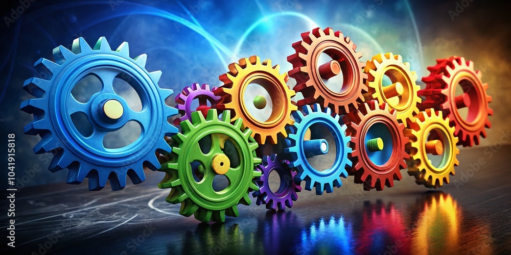 Poster infographic business metaphor with linked cog cycles for efficiency and innovation in corporate stra