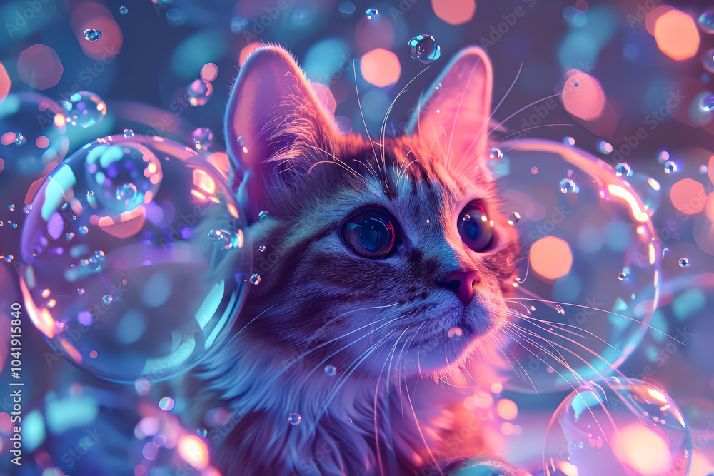 Poster cat is laying on a bed with bubbles surrounding it. the bubbles are in various sizes and colors, cre