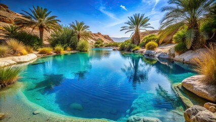 Close-Up mystical desert oasis with a sparkling blue pool