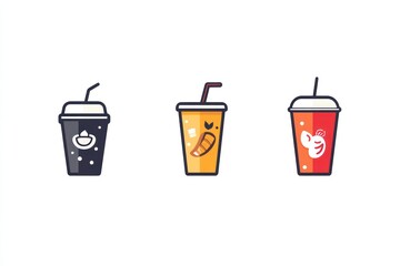 There are three different logo designs, snacks, drinks, peripherals, black and white icon design, white background, clean, master design, and simple.