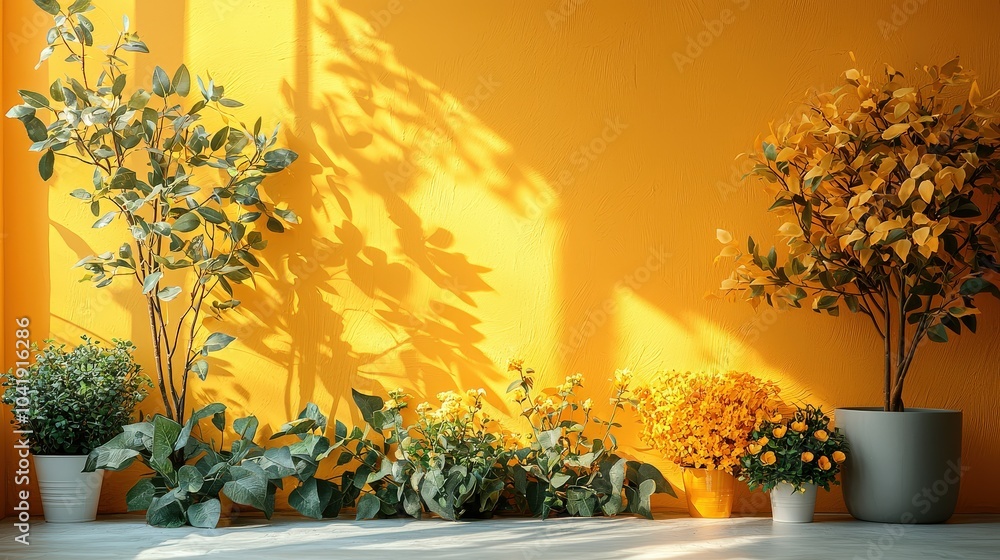 Poster a dynamic representation of windmills and leafy trees against a vivid yellow background, symbolizing