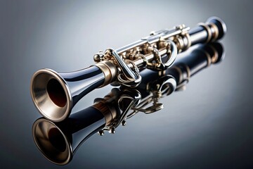 Naklejka premium Bell of clarinet on reflective surface with dark background tilted angle
