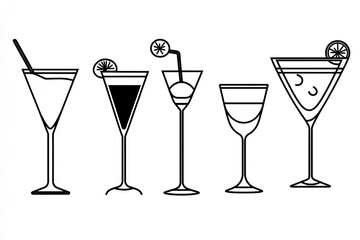 top cocktail outline only icons, black on white background 