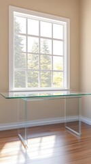 Fototapeta premium A modern glass desk positioned near a large window with a view of trees outside.
