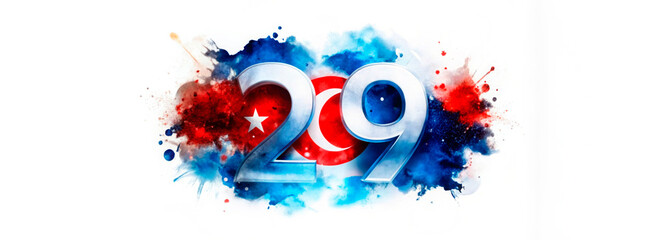 Watercolor artwork of number 29 merging with the Turkish flag, symbolizing October 29th, Turkey's Republic Day. Ideal for national celebrations, educational content, and cultural promotions