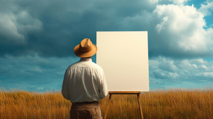 Inspiration Amidst Serenity, a writer or artist immersed in tranquility, blank canvas before them, embraced by a peaceful natural landscape