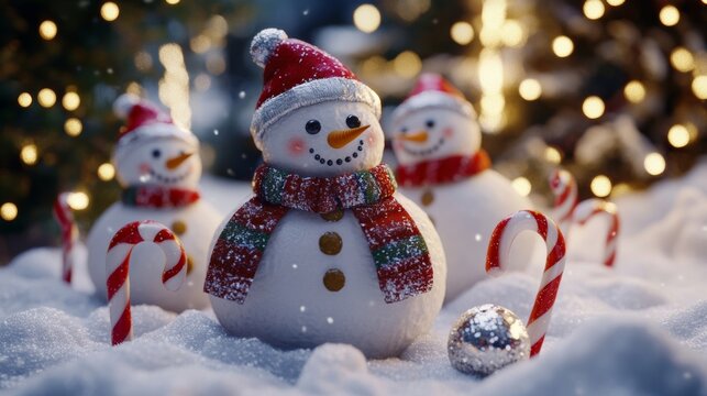 Adorable snowmen celebrate Christmas in the snow with candy canes and lights twinkling in the background, creating a festive scene.