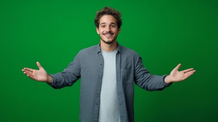 A cheerful individual with open arms inviting engagement against a bold green setting.