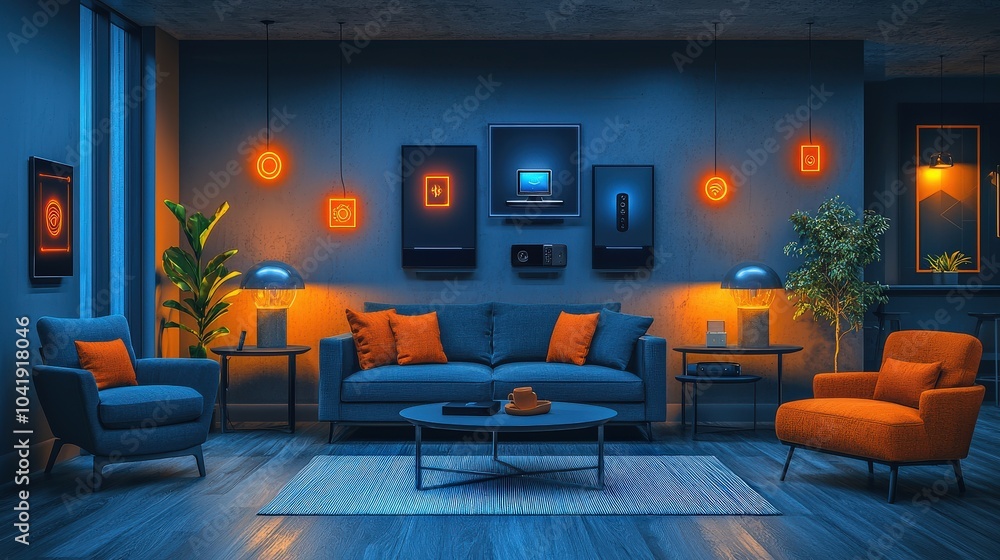 Poster a living room filled with connected devices, all linked through a robust home network, emphasizing t