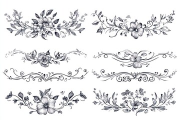 Vector flat style vector design set of simple line art decorative borders, and floral ornaments for wedding invitation cards with a white background