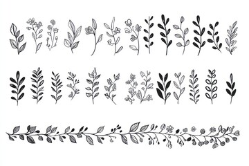 Vector flat style vector design set of simple line art decorative borders, and floral ornaments for wedding invitation cards with a white background