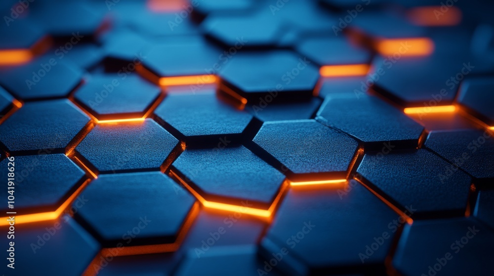 Aufkleber The image showcases a detailed hexagonal pattern with a textured surface. Glowing orange lines highlight the edges, creating a striking visual against a dark backdrop.