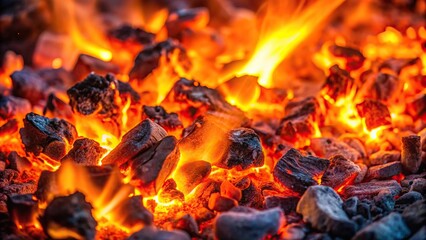 Close up of embers glowing in iron forge fire with coal and ash, shallow depth of field