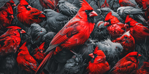 Fototapeta premium Group of red birds are standing together in a black and white photo. The birds are all different sizes and are positioned in various angles. The photo has a bold and striking appearance