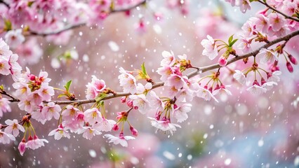 Fototapeta premium Cherry blossom petals falling like snow in a gust of wind