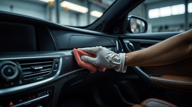 professionelle Autoreinigung in einer Werkstatt - Mann reinigt den Innenraum eines Fahrzeuges mit einem Tuch aus Mikrofaser