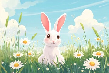 Cute Fluffy Bunny Relaxing in a Daisy Meadow - Cartoon Illustration