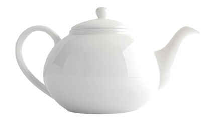 Elegant white teapot resting on a transparent surface against a neutral background, showcasing its smooth curves and classic design.