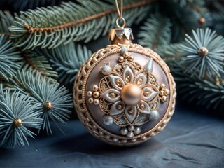 Fototapeta premium Vintage Christmas Ornament with Red Berries and Pine Cones