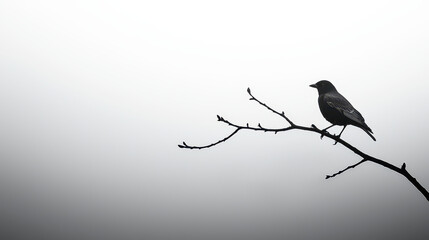 solitary bird perched on branch in misty atmosphere evokes tranquility