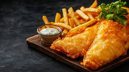 British Fish and Chips with Crispy Fried Fish and Tartar Sauce