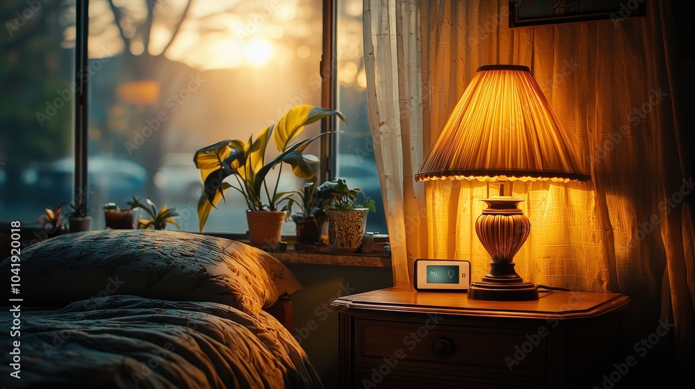 Poster a nightstand featuring a smart plug controlling a lamp and charging devices, emphasizing functionali