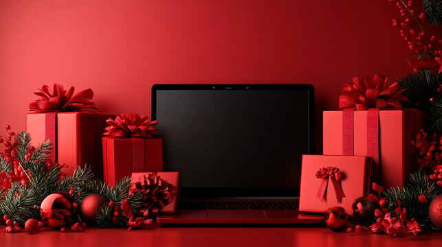 festive scene featuring laptop surrounded by red holiday gifts and decorations, creating warm and inviting atmosphere perfect for seasonal promotions