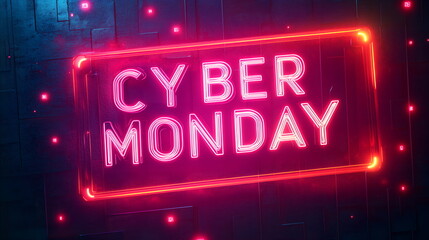 Fototapeta premium A glowing rectangular neon frame with text glitch effects digital bright, banner cyber Monday