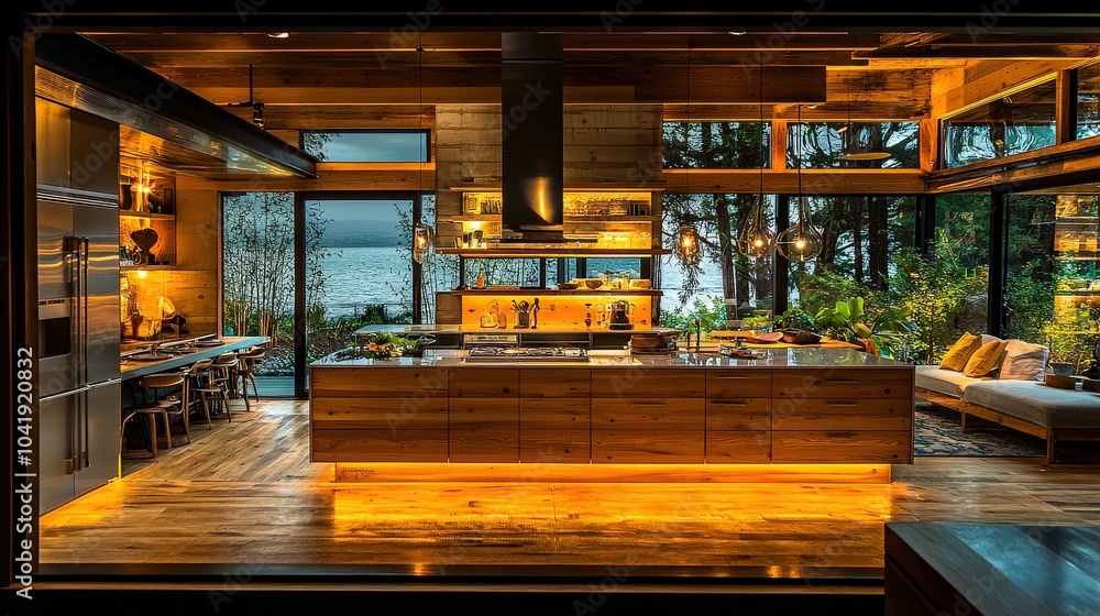 Poster a sleek kitchen with a smart refrigerator seamlessly integrated into the design, showcasing both fun