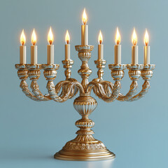 Fototapeta premium stunning golden menorah with nine lit candles, symbolizing celebration of Hanukkah. intricate design and warm glow create festive and inviting atmosphere
