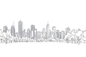 White line drawing illustration of the city skyline with buildings and trees on a white background