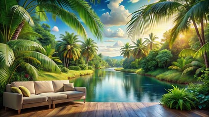 Fototapeta premium Jungle Landscape Mural with River and Palm Trees for Stunning Interior Decor