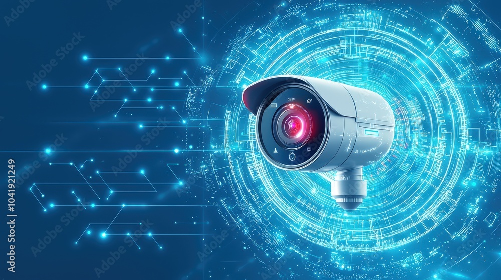 Poster a sleek smart camera mounted on a wall, showcasing its design and advanced features for monitoring h