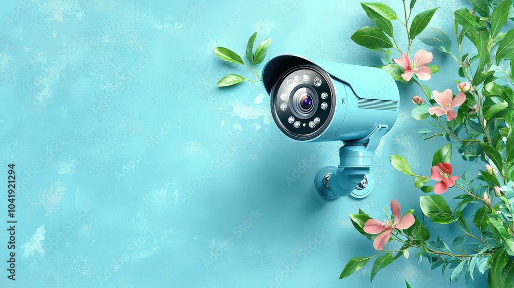 Poster a sleek smart camera mounted on a wall, showcasing its design and advanced features for monitoring h